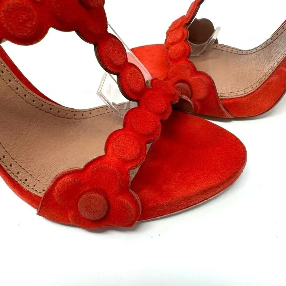 Alaia La Bombe T‑Strap Red Suede Pumps Floral Heels Size 37 / US 7